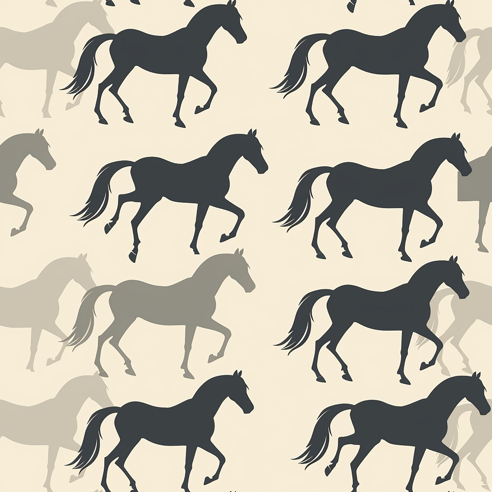 horse silhouettes, equestrian pattern, beige background, dark gray horses, light gray horses, running horses, galloping motion, seamless repeat,, fabric panel, neutral tones, animal motif, horse parade, silhouette design, crafting material, sewing fabric, repetitive pattern, monochromatic palette