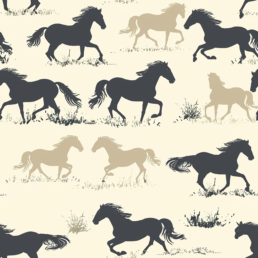 horses, silhouettes, beige background, cream colored, dark gray horses, tan horses, running horses, galloping motion, wild horses, prairie grass, pastoral scene,, fabric panel, equestrian theme, western style, neutral tones, repetitive pattern, nature scene, countryside, fabric yardage