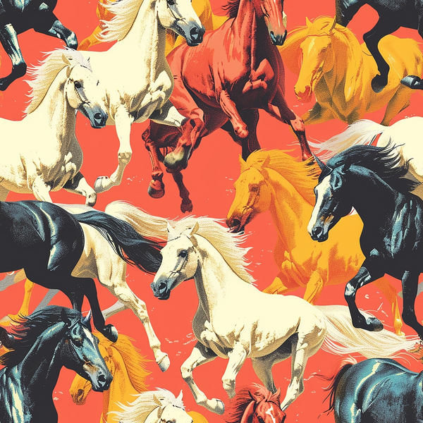 horses, galloping horses, red background, coral background, orange tones, yellow horses, white horses, black horses, brown horses, dynamic movement, running horses, equestrian theme, western style, vintage illustration,, fabric panel, horse parade, colorful horses, action scene, retro artwork