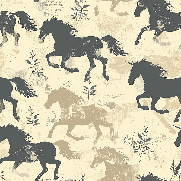 horses, equestrian, silhouettes, beige, cream, charcoal gray, taupe, running horses, galloping, botanical sprigs, leaves, distressed texture, vintage style, weathered look, repeating pattern,, fabric panel, rustic, country theme, animal motifs