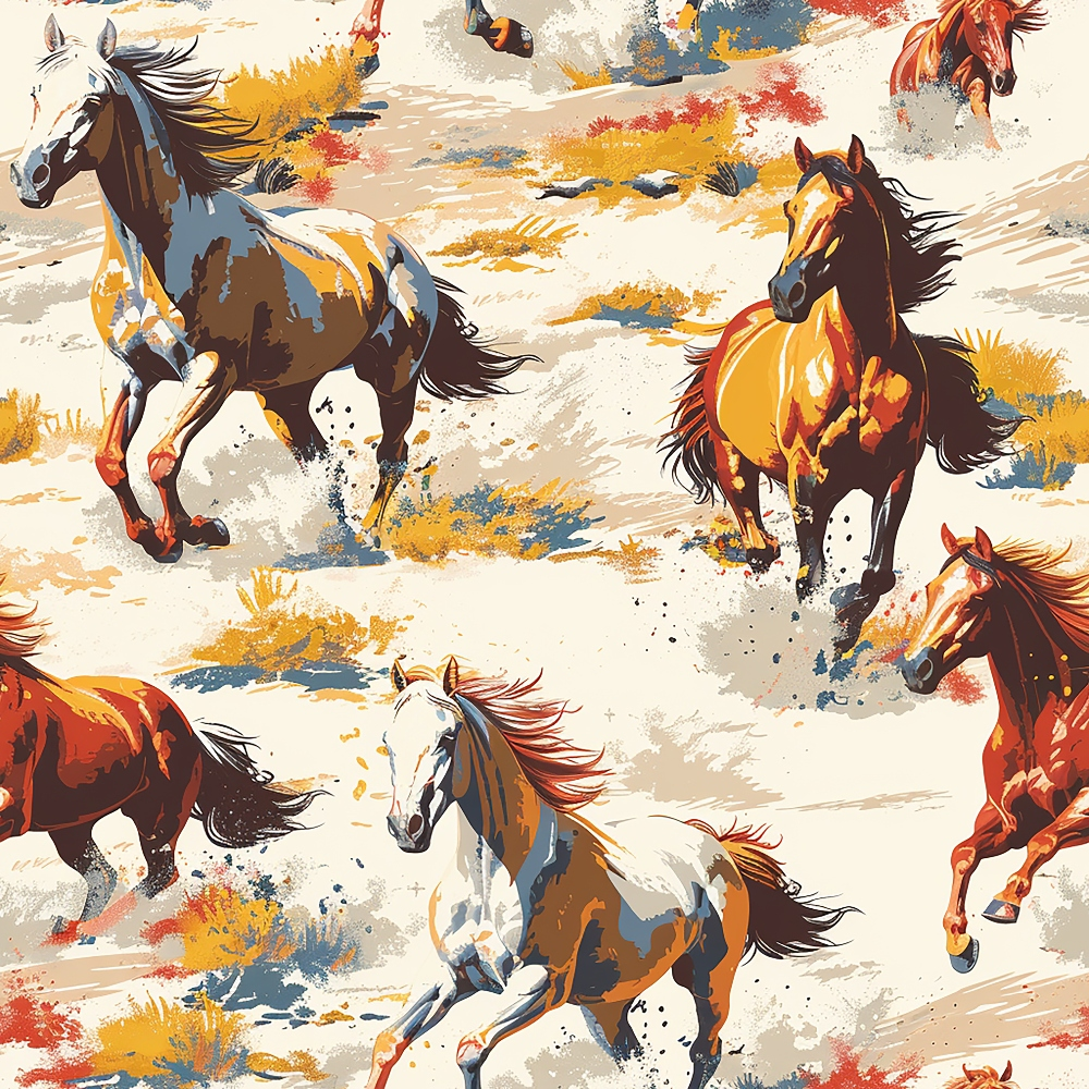 horses, mustangs, wild horses, running horses, galloping, equestrian, western theme, paint horses, pinto horses, brown horses, chestnut horses, white horses, orange accents, yellow splashes, blue details, red highlights, beige background, cream tones, artistic brushstrokes, painterly style, dynamic movement,, fabric panel, cotton fabric, rustic colors, southwestern style