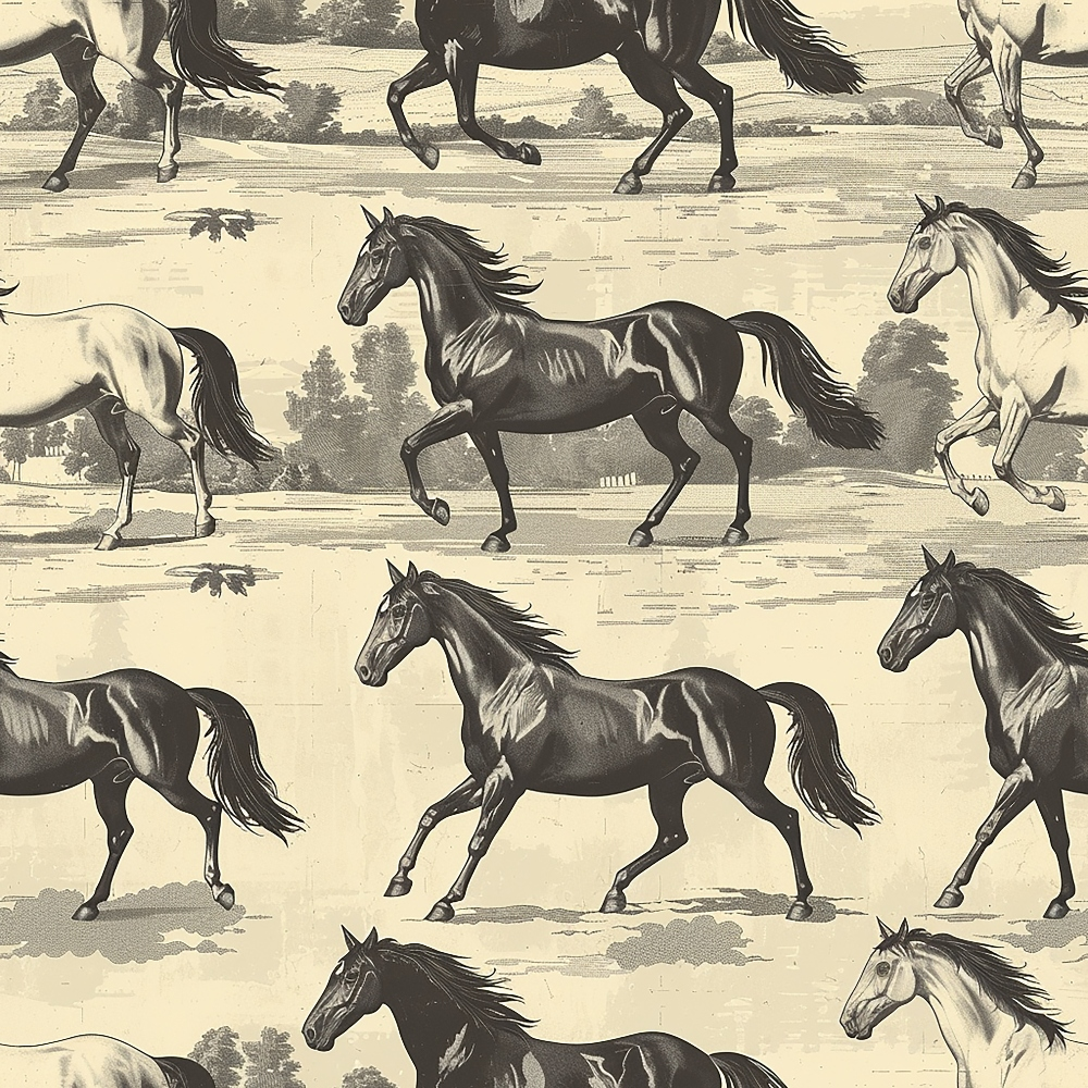 horses, equestrian, sepia toned, vintage illustration, cream background, brown horses, galloping horses, running horses, pastoral landscape, trees, countryside scene, repeating pattern,, fabric panel, etched style, nostalgic artwork, horse silhouettes, animal motif, western theme, neutral palette