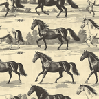 horses, equestrian, sepia toned, vintage illustration, cream background, brown horses, galloping horses, running horses, pastoral landscape, trees, countryside scene, repeating pattern,, fabric panel, etched style, nostalgic artwork, horse silhouettes, animal motif, western theme, neutral palette
