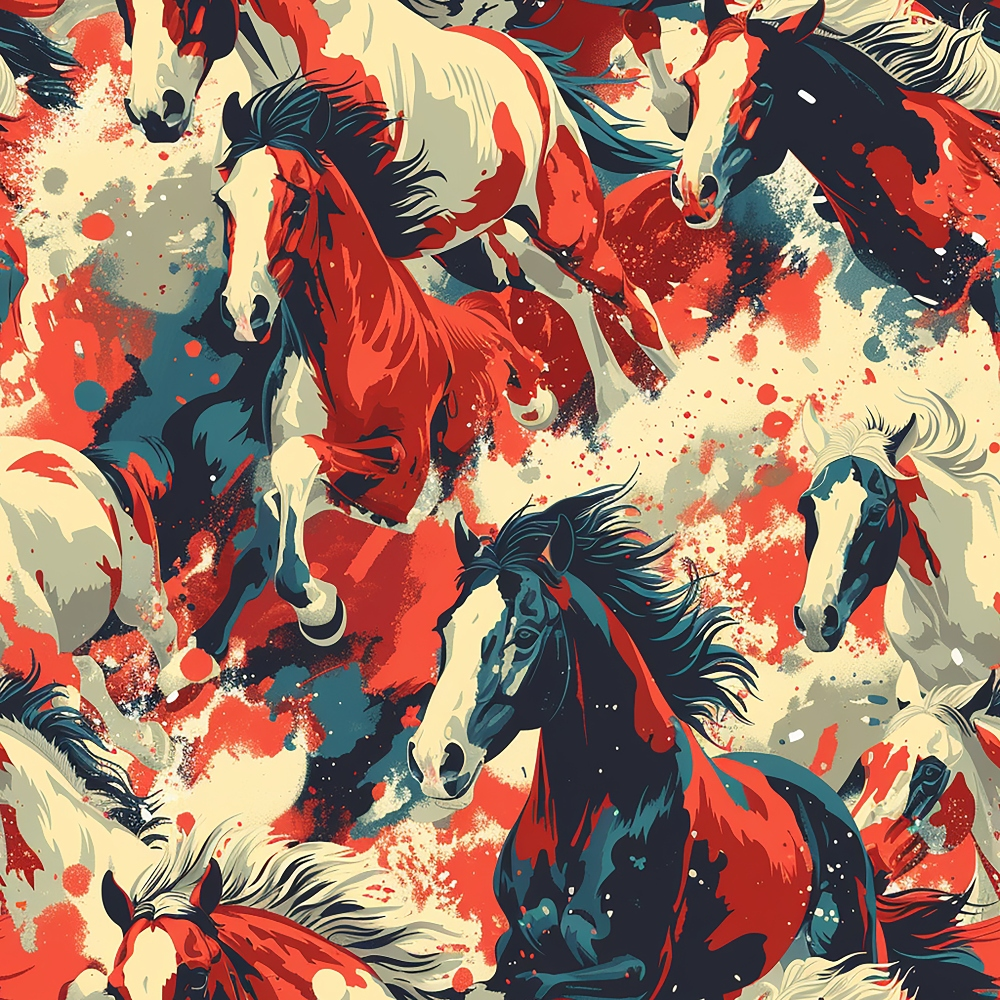 horse pattern,, fabric panel, red orange, navy blue, cream beige, wild horses, galloping horses, paint splatter, abstract watercolor, equestrian theme, western style, dynamic movement, artistic horses, flowing manes, horse silhouettes, splattered paint, energetic design, animal motif, cotton fabric