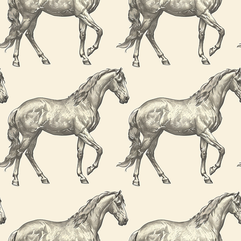 beige, cream, sepia tones, horse pattern, equestrian design, vintage illustration, sketched horses, galloping horses, repetitive pattern,, fabric panel, anatomical drawing, detailed horses, flowing manes, horse silhouettes, rustic style, antique aesthetic, equine motif, seamless repeat