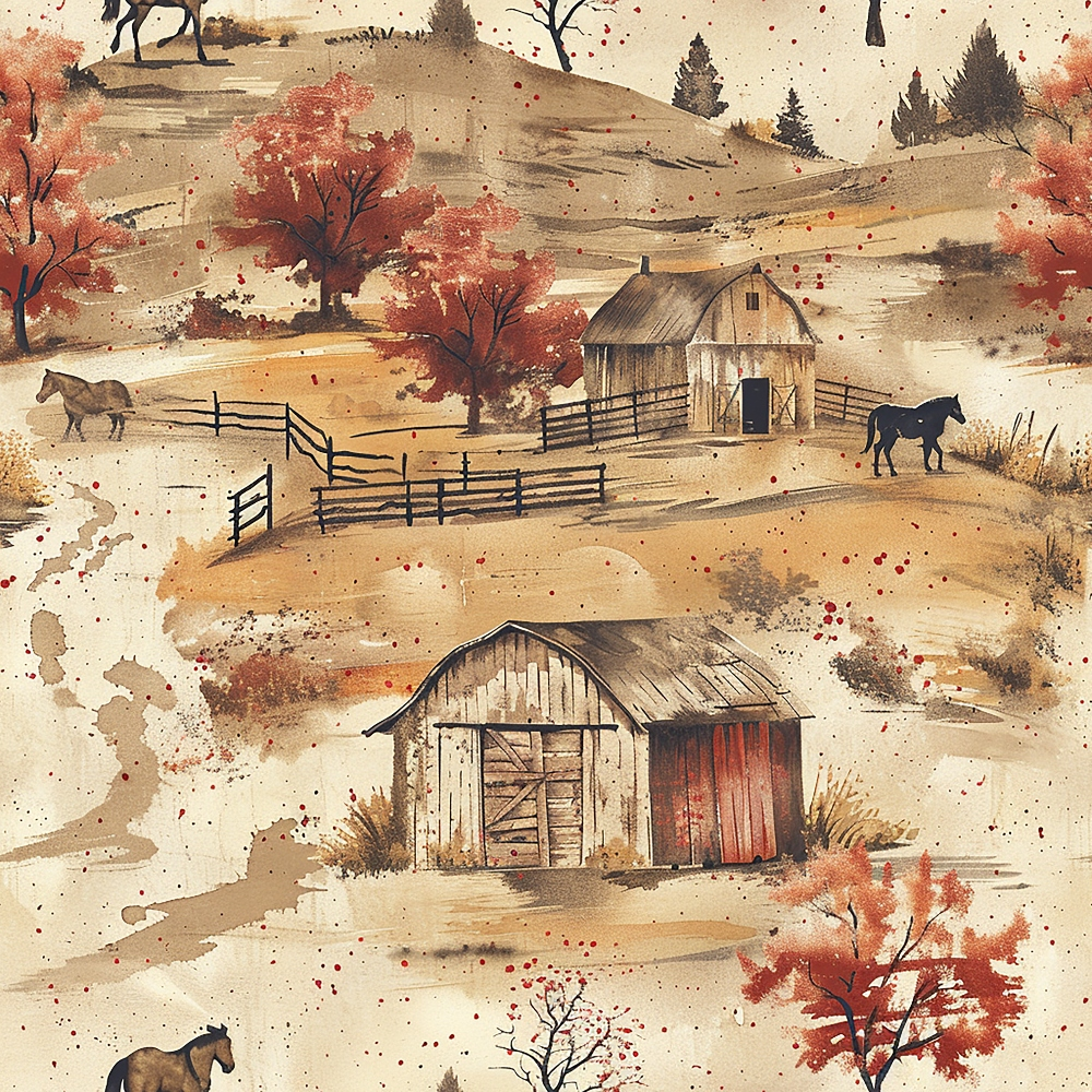 beige, rust red, brown, watercolor style, horses, barn, wooden fence, rolling hills, autumn trees, farm scene, rural landscape,, fabric panel, country living, pastoral scene, weathered wood, scattered dots, organic pattern, earthy tones, ranch life