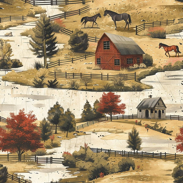 brown, beige, rust, autumn colors, horses, barn, farmhouse, wooden fences, evergreen trees, maple trees, rural landscape, country scene,, fabric panel, pastoral, ranch life, farm animals, fall foliage, rustic buildings, countryside