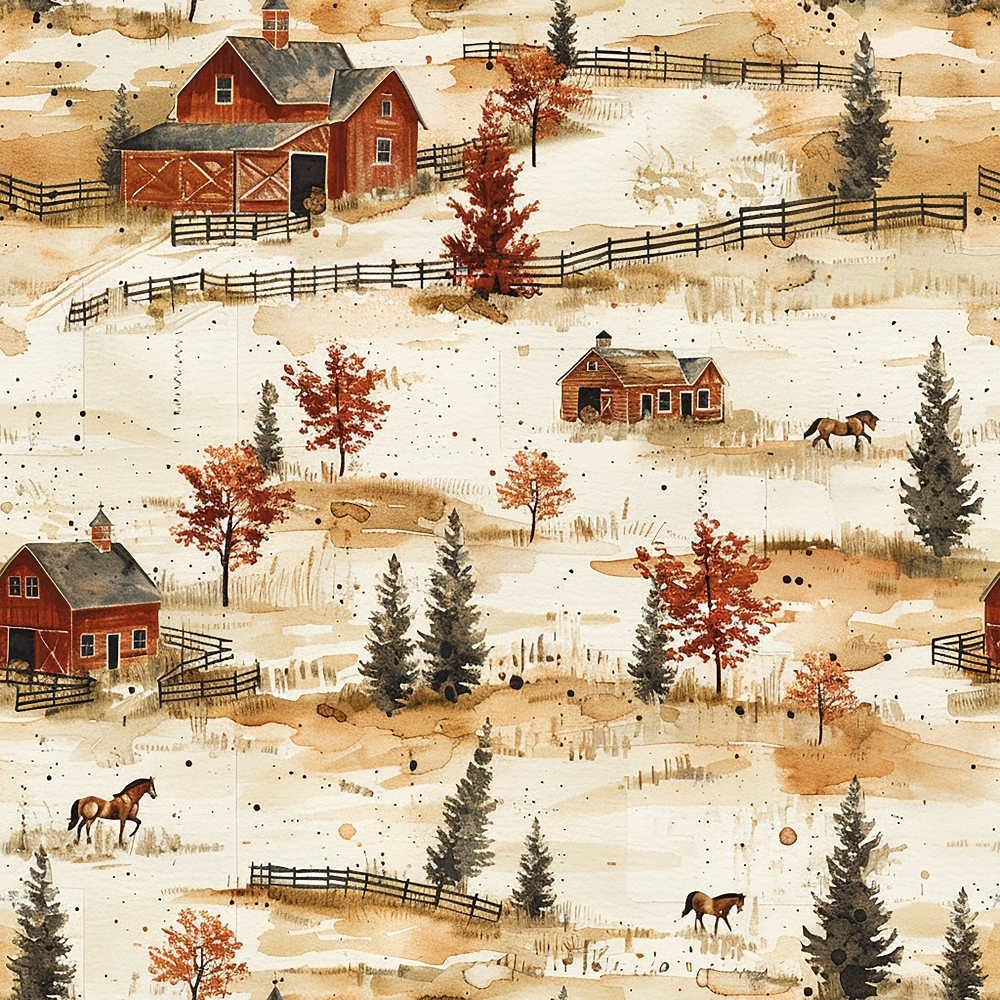 rust orange, cream, beige, brown, horses, red barns, farm buildings, wooden fences, evergreen trees, autumn trees, rolling hills, pastoral landscape, country scene, rural setting, watercolor style,, fabric panel, ranch pattern, farm animals, autumn foliage