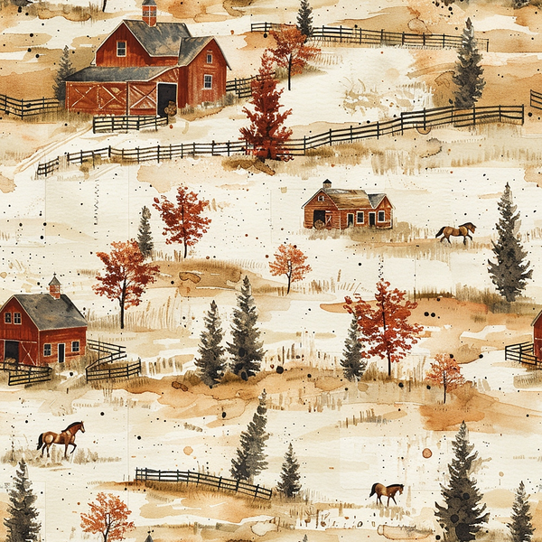 rust orange, cream, beige, brown, horses, red barns, farm buildings, wooden fences, evergreen trees, autumn trees, rolling hills, pastoral landscape, country scene, rural setting, watercolor style,, fabric panel, ranch pattern, farm animals, autumn foliage