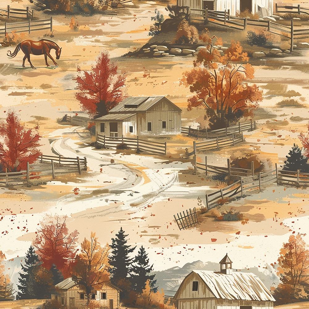 horse, ranch, autumn colors, orange, rust, brown, cream, beige, farm buildings, wooden fences, rural landscape, trees, pastoral scene, country living,, fabric panel, seasonal foliage, rustic style, countryside, rolling hills