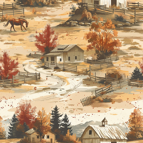 horse, ranch, autumn colors, orange, rust, brown, cream, beige, farm buildings, wooden fences, rural landscape, trees, pastoral scene, country living,, fabric panel, seasonal foliage, rustic style, countryside, rolling hills