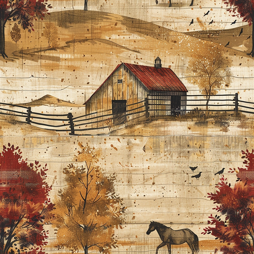 horse, barn, rural scene, autumn colors, rustic fence, weathered wood, golden brown, rust red, cream, beige, birds flying, vintage style, distressed texture, countryside, ranch life,, fabric panel, pastoral scene, farm animals, seasonal foliage
