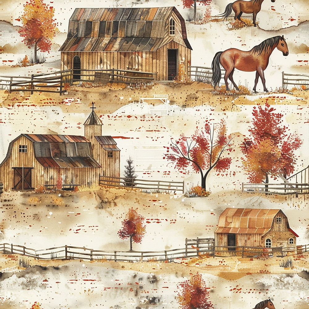 horse ranch, autumn colors, rustic barns, brown horses, weathered wood, split rail fencing, fall foliage, country farm,, fabric panel, pastoral scene, orange leaves, barn structures, equestrian theme, rural landscape, vintage barn, horse pasture, autumn trees, farmhouse style, western motif