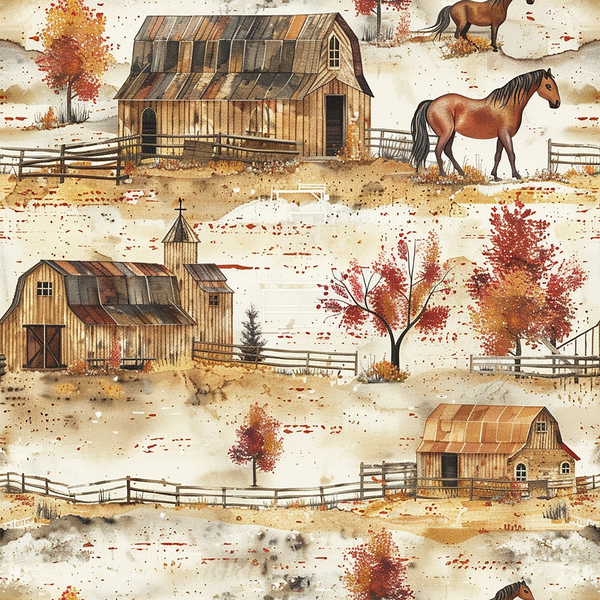 horse ranch, autumn colors, rustic barns, brown horses, weathered wood, split rail fencing, fall foliage, country farm,, fabric panel, pastoral scene, orange leaves, barn structures, equestrian theme, rural landscape, vintage barn, horse pasture, autumn trees, farmhouse style, western motif