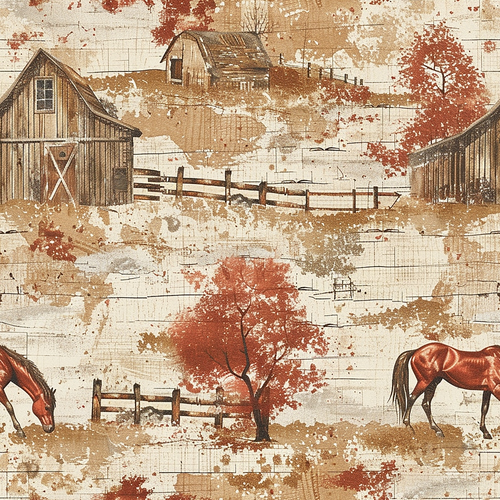 horses, ranch scene, barns, wooden fences, autumn trees, rustic buildings, pastoral landscape, brown tones, rust colors, cream background, distressed texture, vintage style, farm animals, countryside,, fabric panel, weathered appearance, fall foliage, grazing horses, rural setting