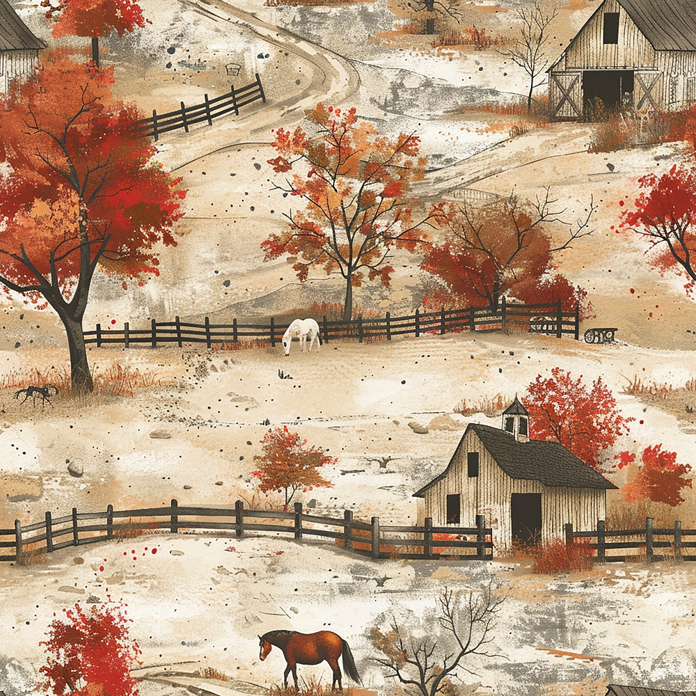 rust red, autumn orange, beige, cream, brown, horses, barn, wooden fence, farm scene, rural landscape, fall foliage, trees, pastoral, countryside,, fabric panel, western theme, ranch life, seasonal motif, earth tones