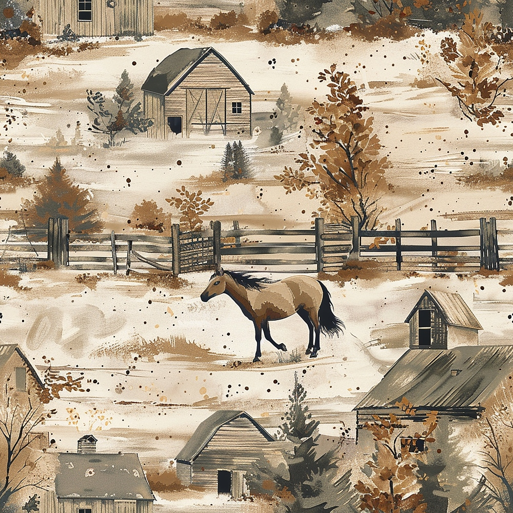 beige, brown, cream, tan, rustic, horse, barn, fence, trees, countryside, farm scene,, fabric panel, autumn colors, rural landscape, weathered buildings, pastoral, watercolor style, ranch pattern, equestrian