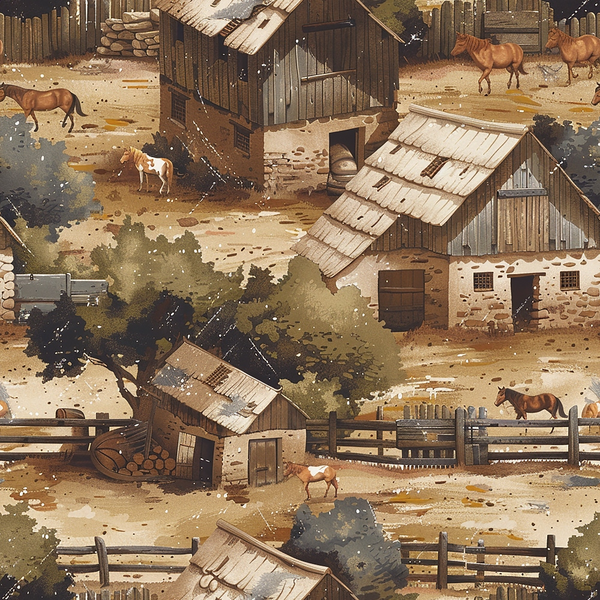 horses, ranch scene, rustic buildings, wooden barns, brown horses, weathered wood, farm animals, countryside, vintage illustration,, fabric panel, earth tones, beige, tan, brown, pastoral scene, farm life, wooden fences, rural landscape, watercolor style