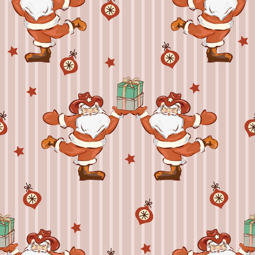 santa claus, western theme, cowboy hat, christmas gifts, pink stripes, coral pink, rust orange, brown boots, christmas ornaments, red stars,, fabric panel, holiday pattern, repeating design, cartoon style, festive theme, christmas decorations, gift boxes, striped background, seasonal fabric
