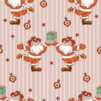 santa claus, western theme, cowboy hat, christmas gifts, pink stripes, coral pink, rust orange, brown boots, christmas ornaments, red stars,, fabric panel, holiday pattern, repeating design, cartoon style, festive theme, christmas decorations, gift boxes, striped background, seasonal fabric