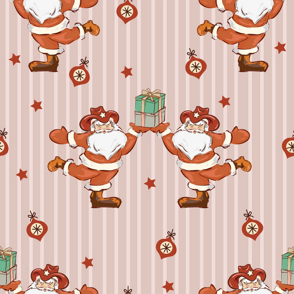 santa claus, western theme, cowboy hat, christmas gifts, pink stripes, coral pink, rust orange, brown boots, christmas ornaments, red stars,, fabric panel, holiday pattern, repeating design, cartoon style, festive theme, christmas decorations, gift boxes, striped background, seasonal fabric