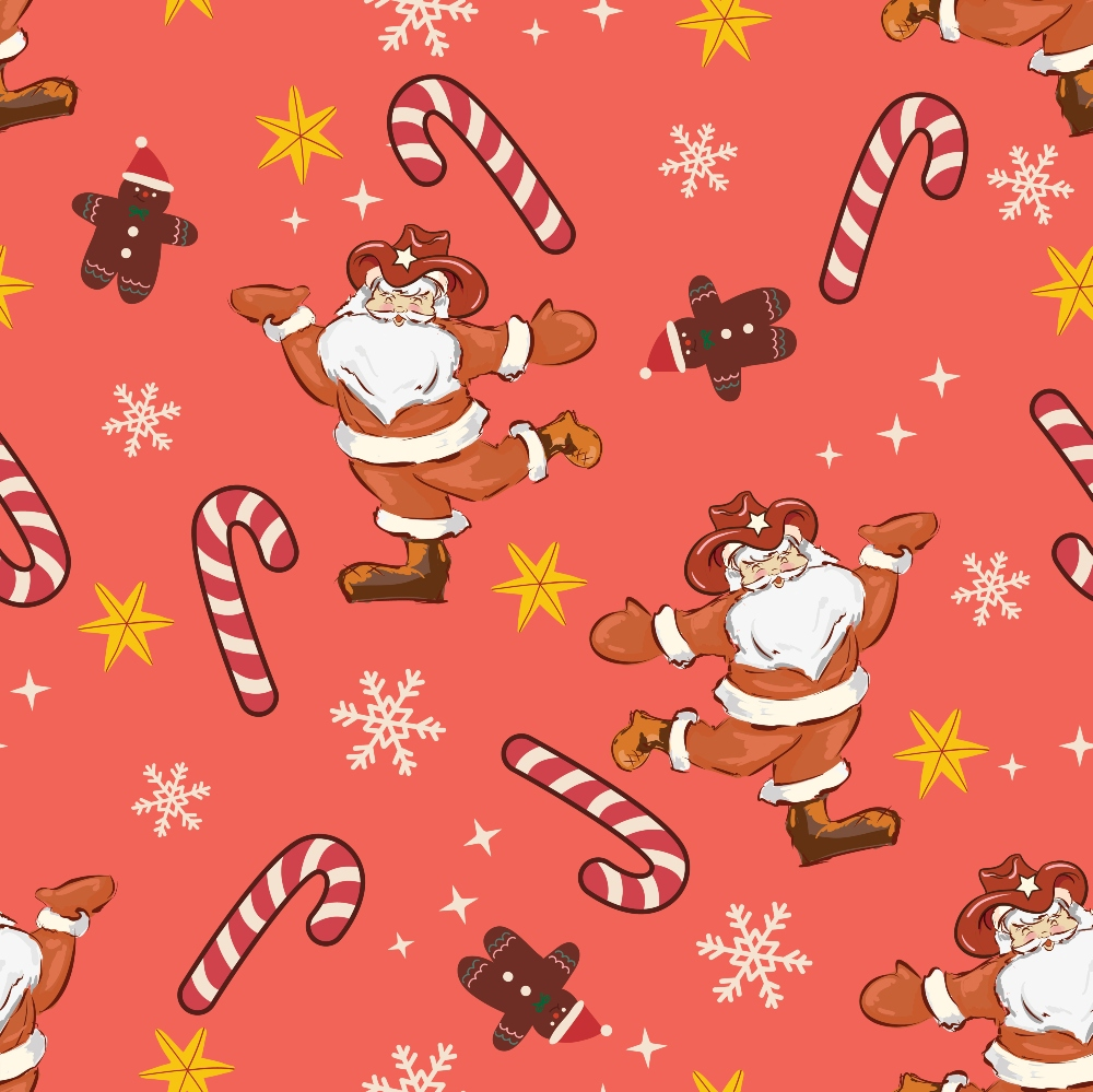Cowboy Christmas Pattern 2 western minky fabric with cowboy Santas, candy canes, gingerbread men, white snowflakes and yellow stars on a coral red ground