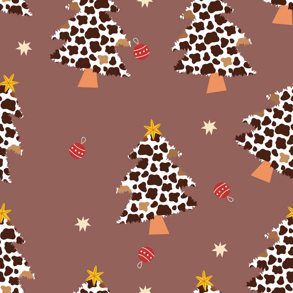 brown background, cow print, christmas trees, western theme, red ornaments, yellow stars, cream stars, orange tree trunks, holiday pattern,, fabric panel, repeating design, festive motifs, cow spots, christmas decorations, rustic style, seasonal fabric, brown tones, holiday ornaments, western christmas