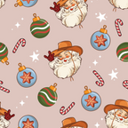 dusty pink, sage green, orange, red, white, santa claus, western hat, cowboy santa, christmas ornaments, candy canes, stars, snowflakes, repeating pattern, whimsical illustration, cartoon style, holiday theme, western christmas,, fabric panel, festive design, cheerful mood