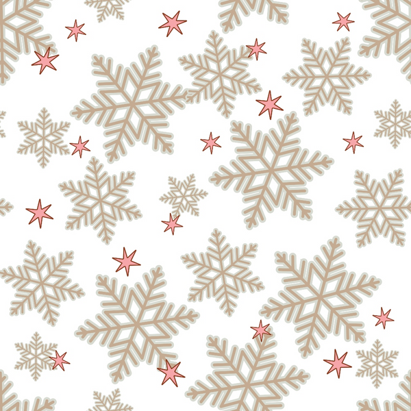 beige snowflakes, coral stars, winter pattern,, fabric panel, geometric snowflakes, scattered design, neutral background, holiday motif, christmas fabric, winter wonderland, dusty rose accents, repeating pattern, crafting material, seasonal design, outline snowflakes, delicate stars, winter crafts, quilting supplies