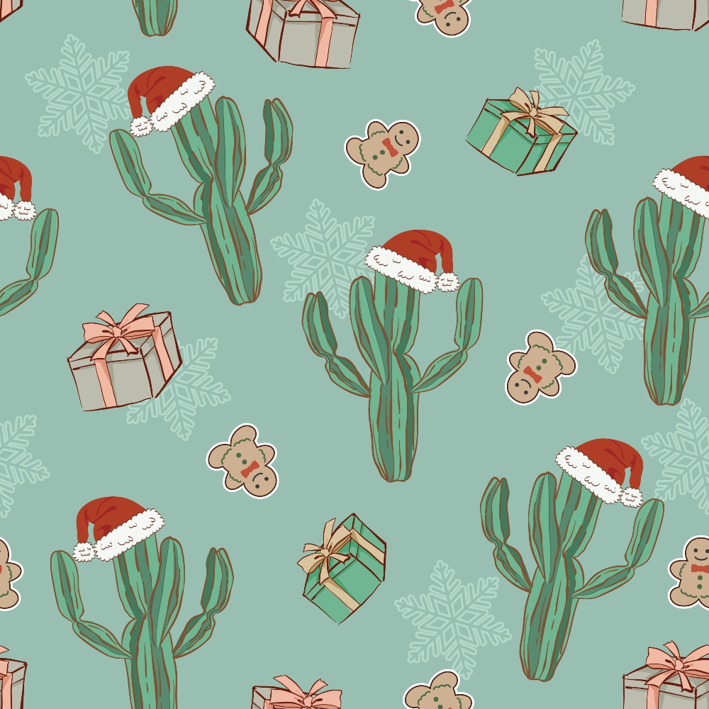sage green, mint green, coral pink, brown, red, white, cactus pattern, santa hats, gift boxes, gingerbread cookies, snowflakes, christmas theme, desert christmas, southwestern style,, fabric panel, holiday motif, whimsical design, repeating pattern, festive cacti