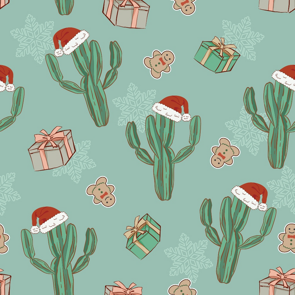 sage green, mint green, coral pink, brown, red, white, cactus pattern, santa hats, gift boxes, gingerbread cookies, snowflakes, christmas theme, desert christmas, southwestern style,, fabric panel, holiday motif, whimsical design, repeating pattern, festive cacti