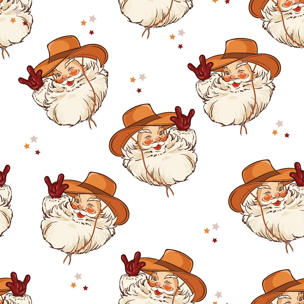 cowboy santa, western santa, orange hat, white beard, peace sign gesture, cream background, scattered stars,, fabric panel, christmas western, holiday cowboy, repeating pattern, cartoon style, festive design, orange brown tones, seasonal fabric, crafting material, whimsical santa, western theme, holiday quilting