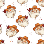 cowboy santa, western santa, orange hat, white beard, peace sign gesture, cream background, scattered stars,, fabric panel, christmas western, holiday cowboy, repeating pattern, cartoon style, festive design, orange brown tones, seasonal fabric, crafting material, whimsical santa, western theme, holiday quilting