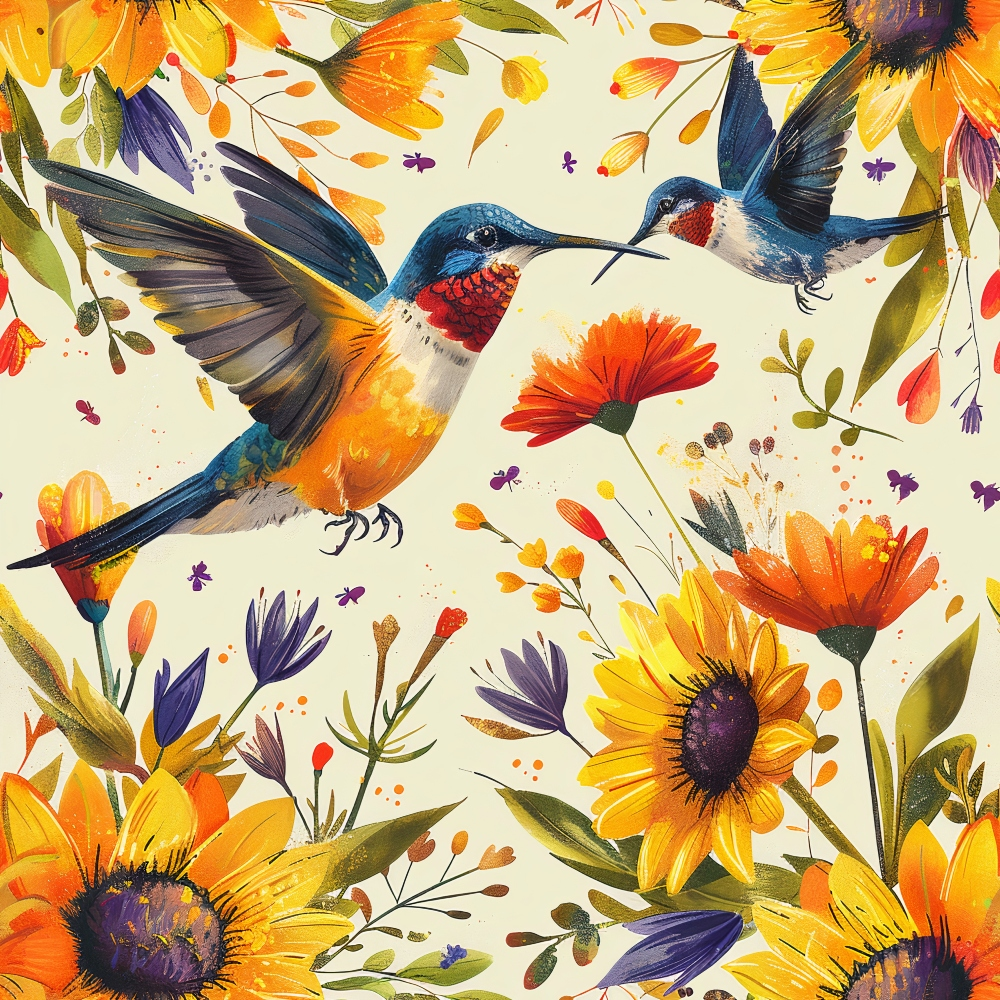 hummingbirds, spring flowers, sunflowers, orange blooms, yellow petals, purple accents, blue wings, red throat,, fabric panel, floral pattern, bird motif, nature design, botanical print, vibrant colors, watercolor style, flying birds, garden scene, cheerful mood, craft fabric