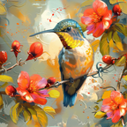 hummingbird, spring flowers, coral blooms, yellow petals, teal feathers, orange accents, watercolor style, floral pattern, bird illustration,, fabric panel, botanical design, nature scene, artistic brushstrokes, vibrant colors, spring theme, painterly effect, blooming branches