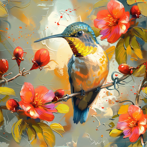hummingbird, spring flowers, coral blooms, yellow petals, teal feathers, orange accents, watercolor style, floral pattern, bird illustration,, fabric panel, botanical design, nature scene, artistic brushstrokes, vibrant colors, spring theme, painterly effect, blooming branches