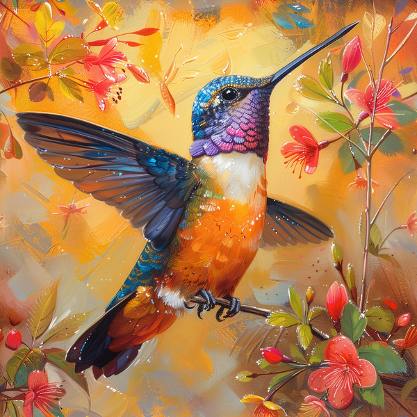 hummingbird, spring flowers, orange background, blue wings, purple throat, coral blossoms, botanical motif,, fabric panel, watercolor style, floral design, bird illustration, warm tones, nature theme, artistic painting, vibrant colors, spring season, blooming flowers, decorative fabric, cotton material