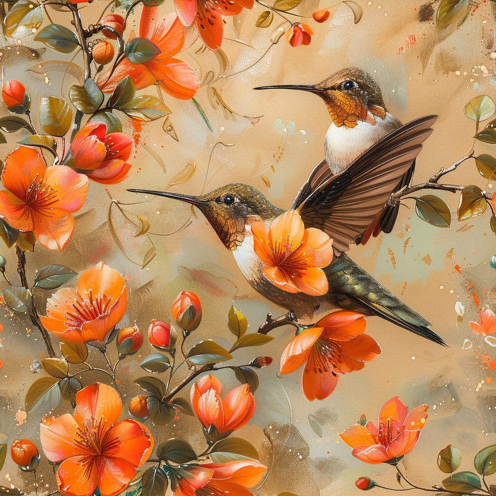 hummingbirds, orange flowers, spring blooms, coral petals, warm beige, brown wings, white chest, green leaves, floral branches, nature scene, watercolor style, soft pastels,, fabric panel, bird motif, botanical design, delicate artwork, peachy tones, spring theme