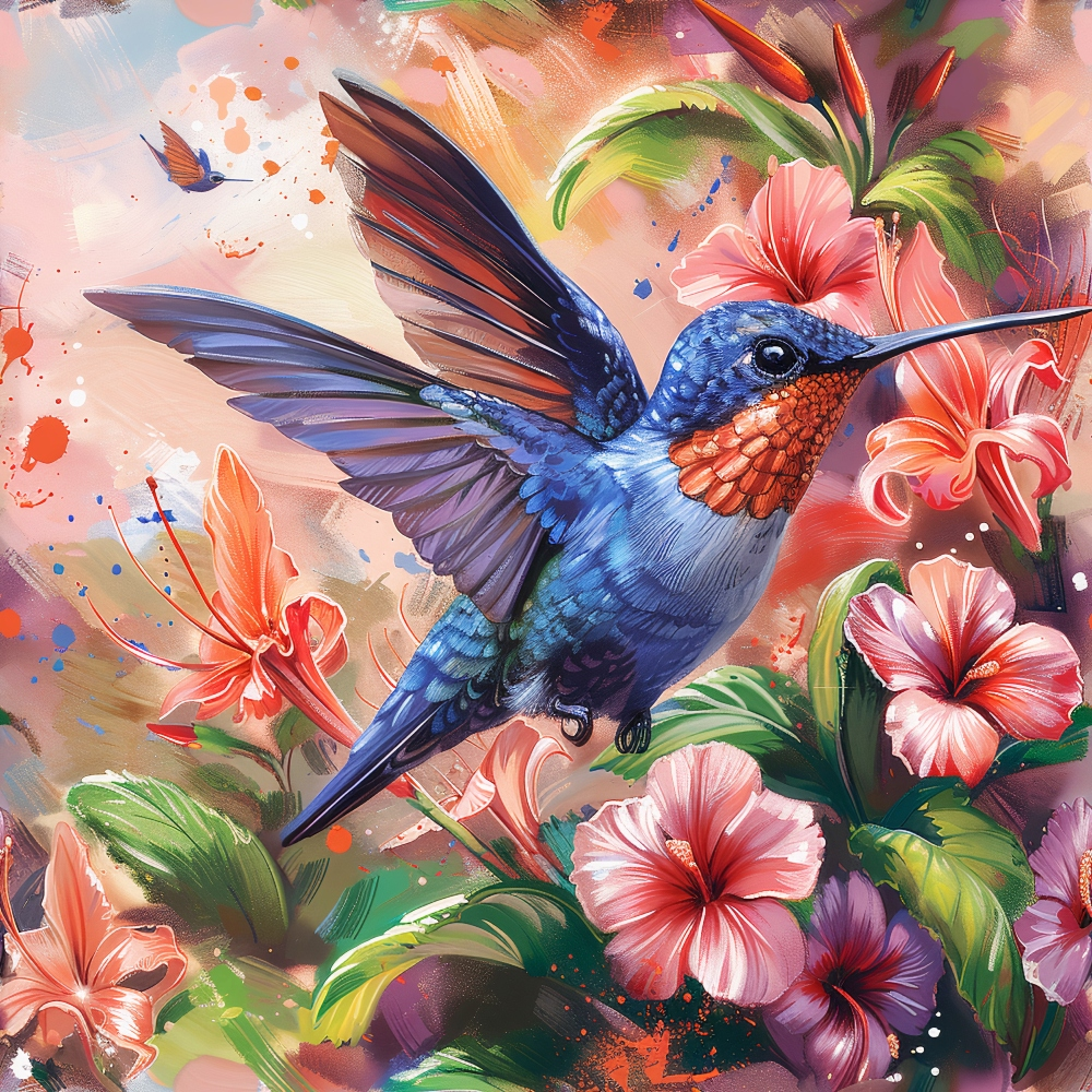 blue hummingbird, pink hibiscus, tropical flowers, spring blooms, watercolor style, coral pink, turquoise blue, green foliage, flying bird, floral pattern,, fabric panel, nature scene, artistic brushstrokes, vibrant colors, botanical design, hummingbird art, tropical paradise, spring theme, cotton fabric