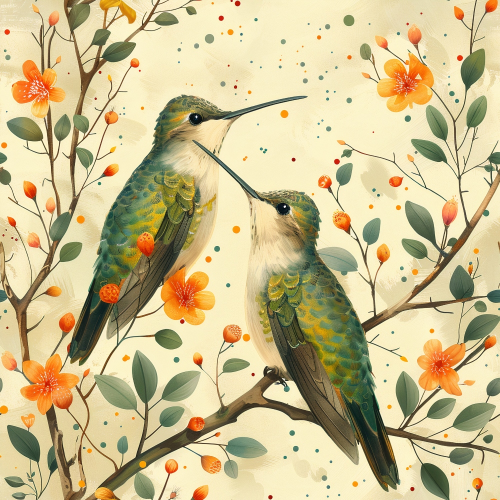 hummingbirds, spring flowers, orange blossoms, green feathers, cream background, floral branches,, fabric panel, nature scene, botanical design, bird illustration, watercolor style, delicate artwork, spring theme, flowering vines, soft colors, peaceful mood, garden birds, decorative fabric, whimsical pattern