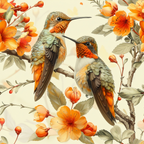 hummingbirds, spring flowers, orange blossoms, coral petals, sage green leaves, brown branches, watercolor style, botanical illustration,, fabric panel, nature scene, bird motif, floral pattern, warm tones, delicate artwork, garden theme, blooming branches, detailed feathers, peaceful mood, crafting material