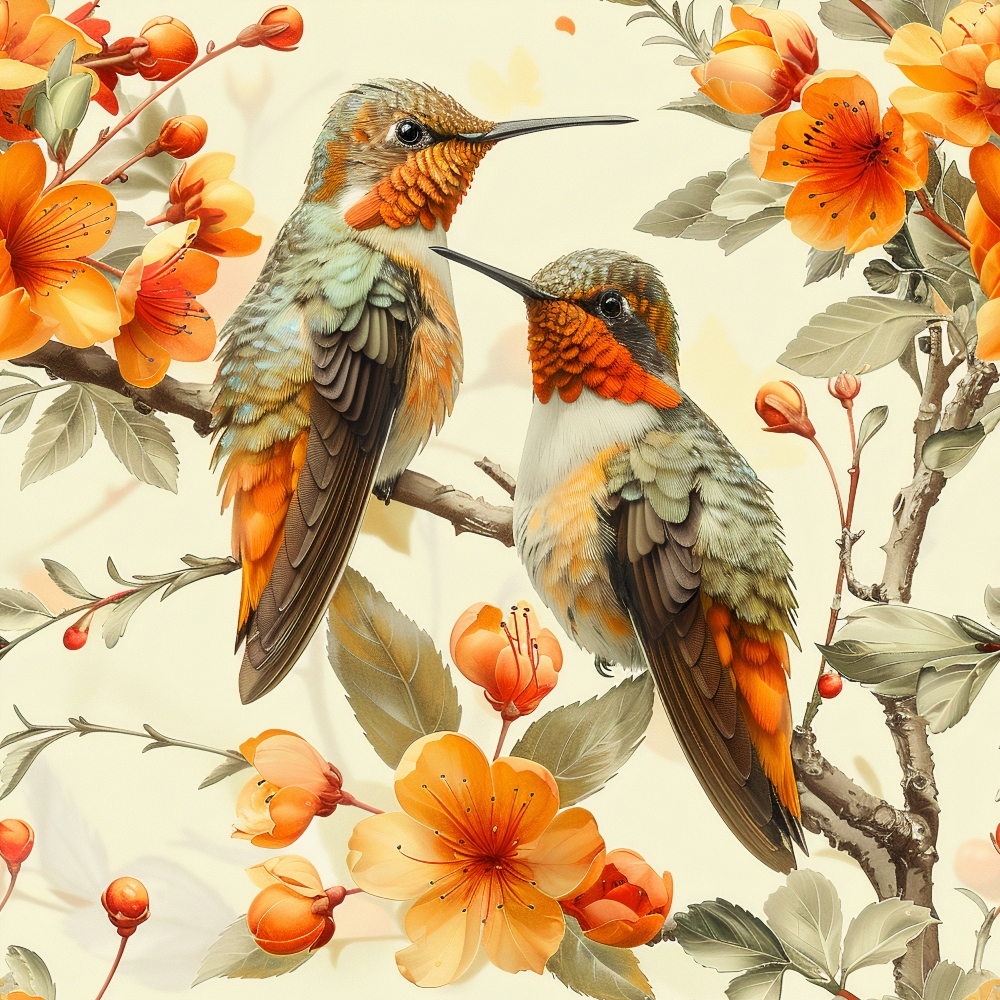 hummingbirds, spring flowers, orange blossoms, coral petals, sage green leaves, brown branches, watercolor style, botanical illustration,, fabric panel, nature scene, bird motif, floral pattern, warm tones, delicate artwork, garden theme, blooming branches, detailed feathers, peaceful mood, crafting material