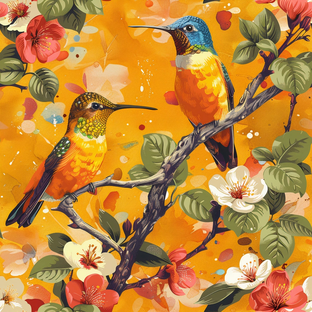 hummingbirds, spring flowers, orange background, coral flowers, white blossoms, green leaves,, fabric panel, tropical birds, floral pattern, nature design, bird illustration, botanical elements, warm colors, artistic style, seasonal theme, cotton fabric, crafting material, detailed artwork, vibrant hues