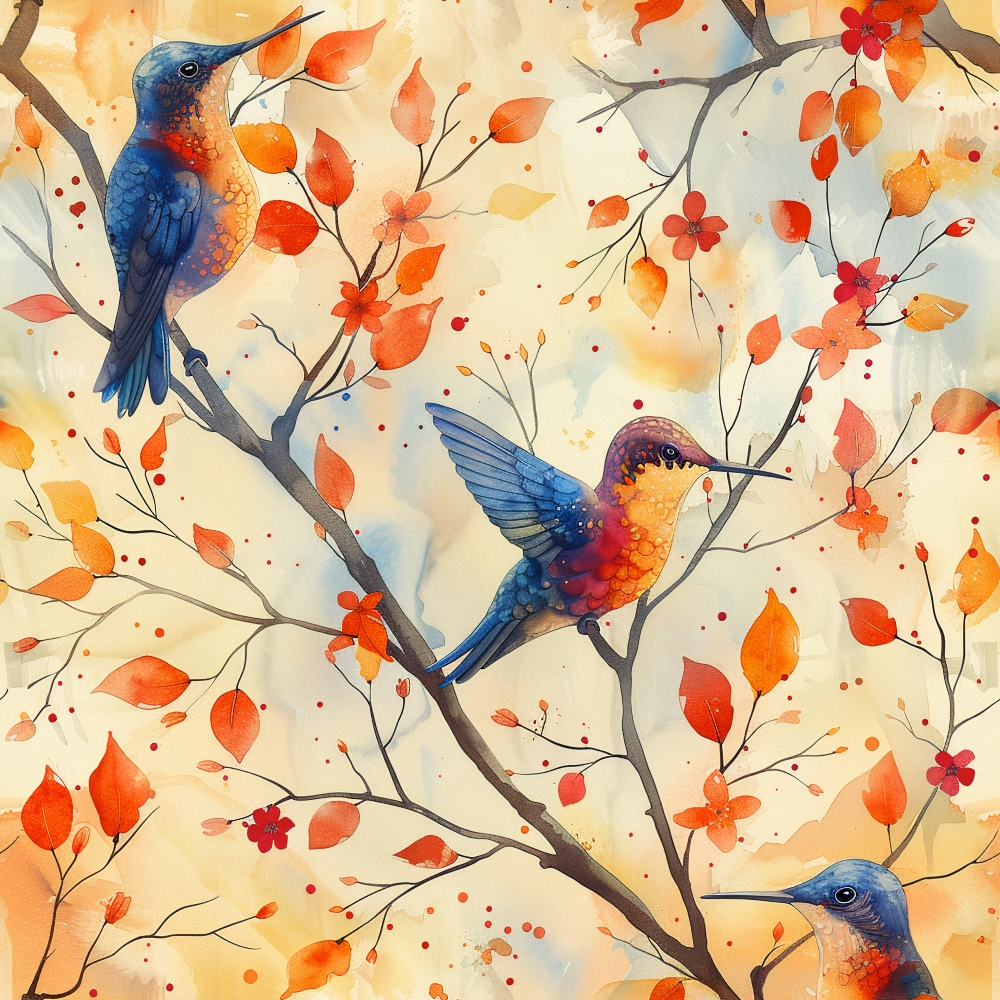 hummingbirds, spring flowers, autumn leaves, watercolor style, blue birds, orange foliage, red blossoms, tree branches, nature scene,, fabric panel, delicate artwork, warm colors, botanical design, flying birds, seasonal pattern, soft pastels, floral motifs, wildlife theme