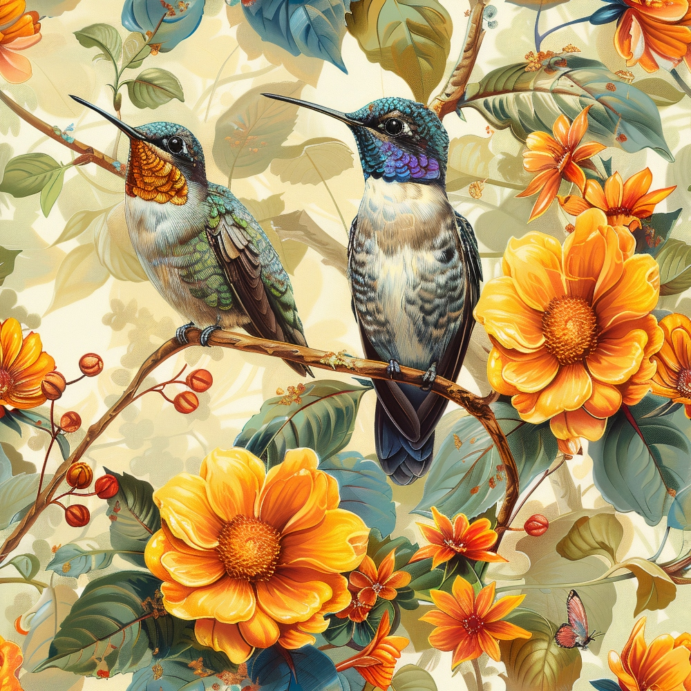 hummingbirds, spring flowers, orange blossoms, yellow flowers, teal blue, turquoise, coral orange, botanical pattern, floral design, bird illustration,, fabric panel, nature theme, spring season, detailed artwork, realistic birds, blooming flowers, green leaves, warm colors, tropical style
