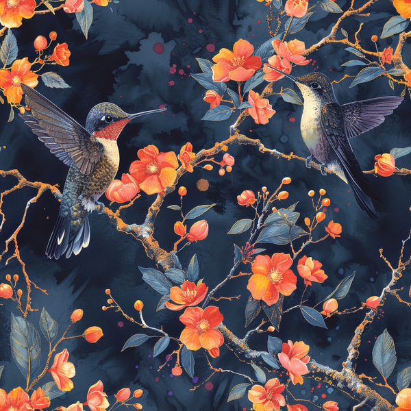 hummingbirds, spring flowers, navy blue background, coral orange blooms, teal blue leaves, watercolor style, floral branches,, fabric panel, nature motif, bird illustration, botanical design, flowering tree, artistic pattern, springtime theme, decorative fabric, crafting material, cotton fabric, floral wildlife