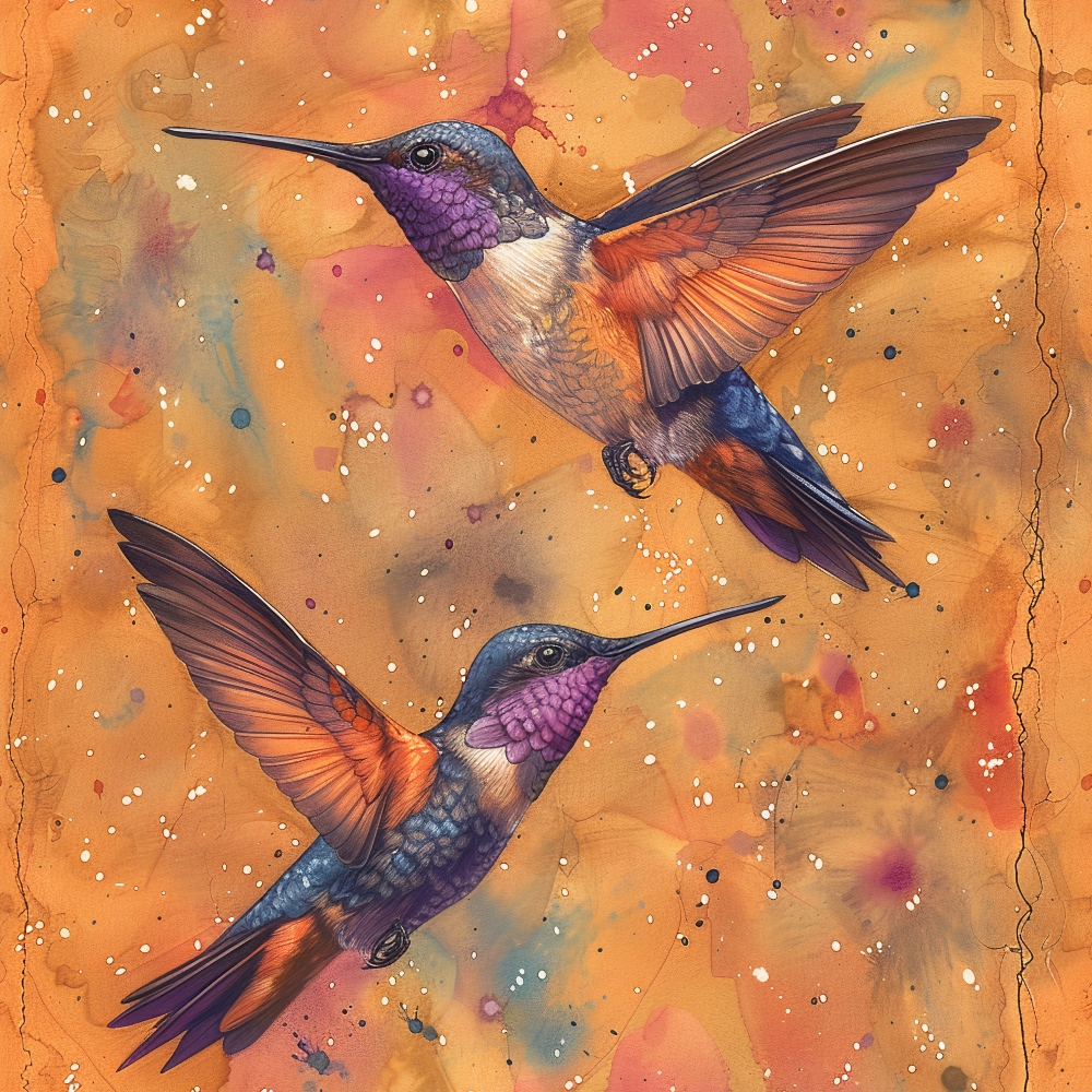 hummingbirds, orange background, purple throat, blue wings, watercolor style, spring birds,, fabric panel, coral colors, amber tones, flying birds, nature pattern, botanical art, warm colors, bird illustration, artistic design, cotton fabric, quilting material, wildlife motif, vibrant hues