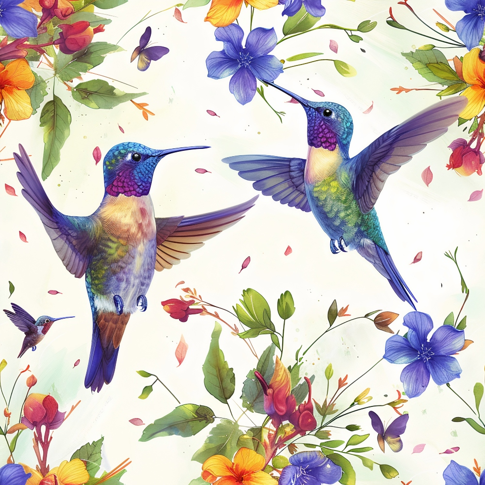 hummingbirds, spring flowers, floral pattern, blue purple, teal green, orange yellow, pink magenta, watercolor style, botanical design, flying birds,, fabric panel, nature motif, vibrant colors, whimsical illustration, garden scene, blooming flowers, delicate wings, artistic rendering, spring theme