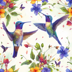 hummingbirds, spring flowers, floral pattern, blue purple, teal green, orange yellow, pink magenta, watercolor style, botanical design, flying birds,, fabric panel, nature motif, vibrant colors, whimsical illustration, garden scene, blooming flowers, delicate wings, artistic rendering, spring theme
