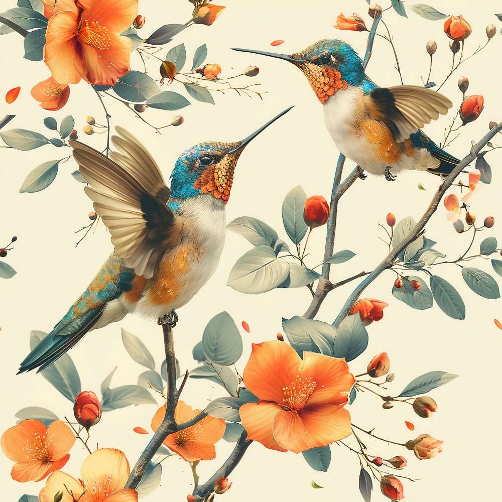hummingbirds, spring flowers, orange blossoms, teal blue, coral orange, sage green, cream background, floral branches, bird illustration, nature pattern, botanical design,, fabric panel, spring theme, wildlife motif, delicate artwork, soft colors, garden scene, flowering vines, artistic birds